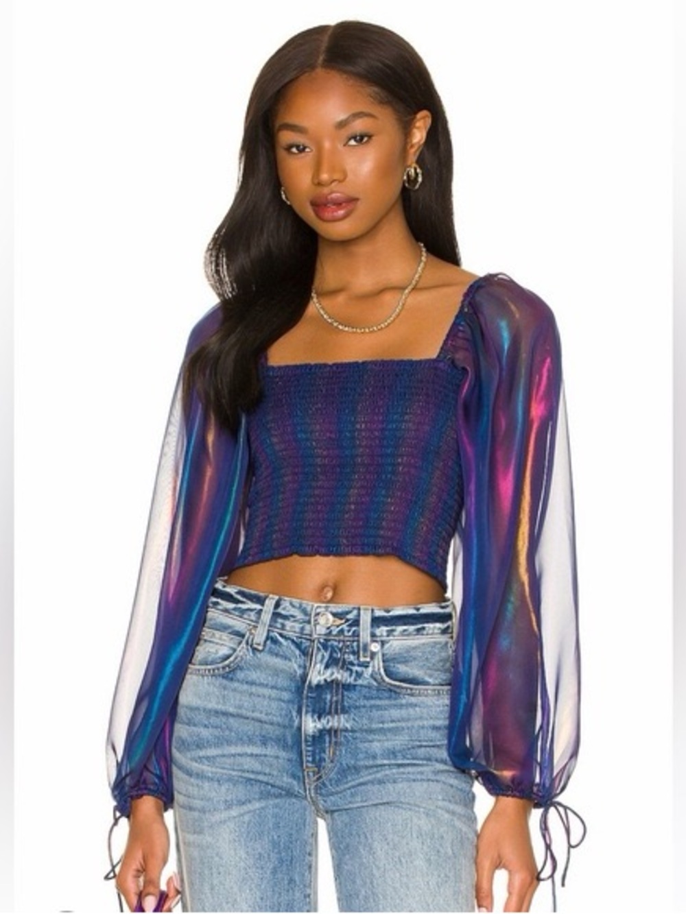 Amanda Uprichard Iridescent Blue-Purple Smocked Crop Top